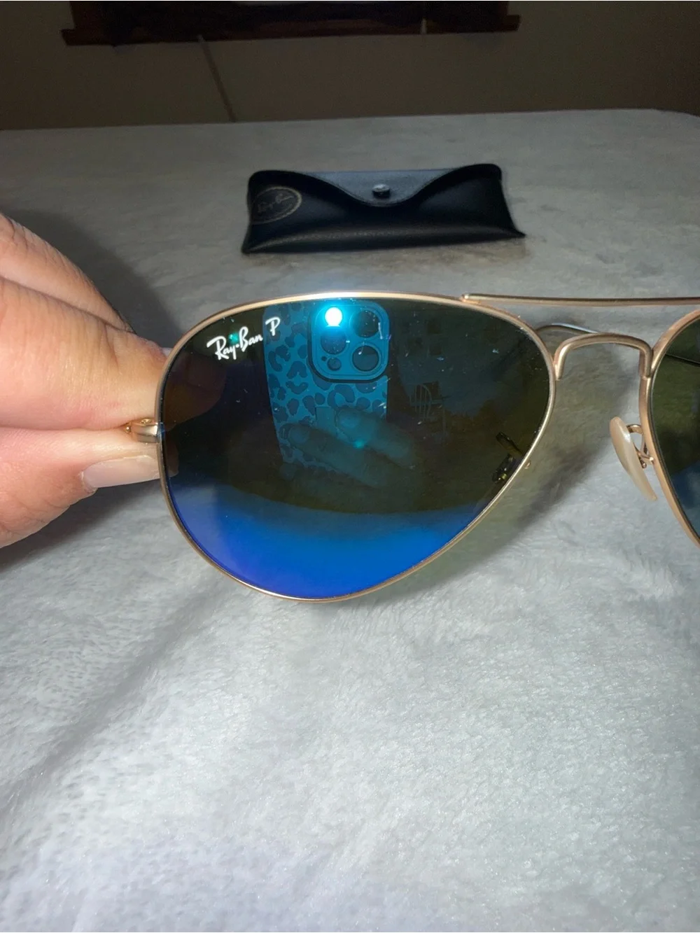 Ray-Ban Gold Frame Aviator Sunglasses with Blue Mirror Lenses